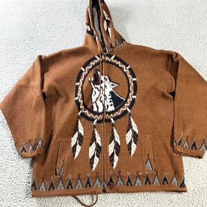 Tejidos Ruminahui‎ Jacket Mens Large Brown Sweater Wool Wolf Dreamcatcher Hooded